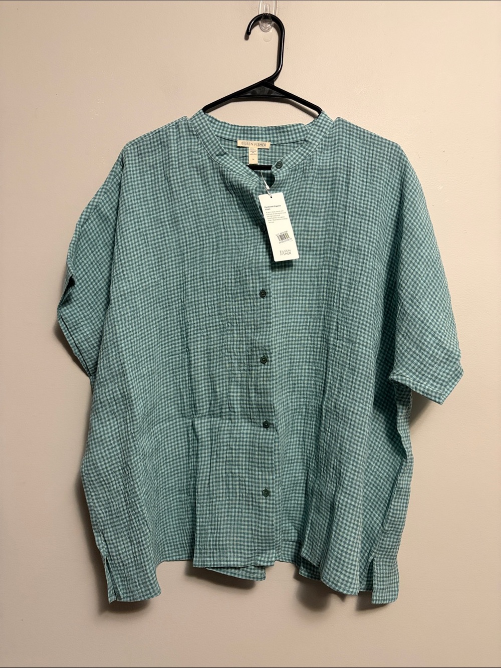 Eileen Fisher Organic Linen Puckered Check Gingham Button Shirt 1X - Picture 2 of 5